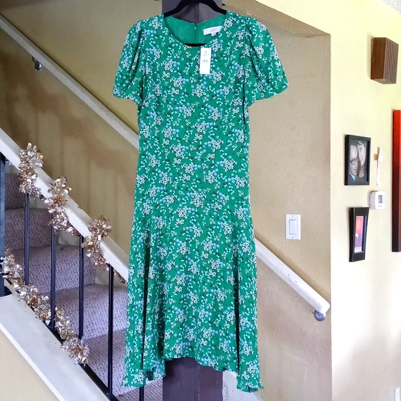 LOFT Green Dress w/Blue Floral Pattern Women's Size 2 NWT - Picture 1 of 5